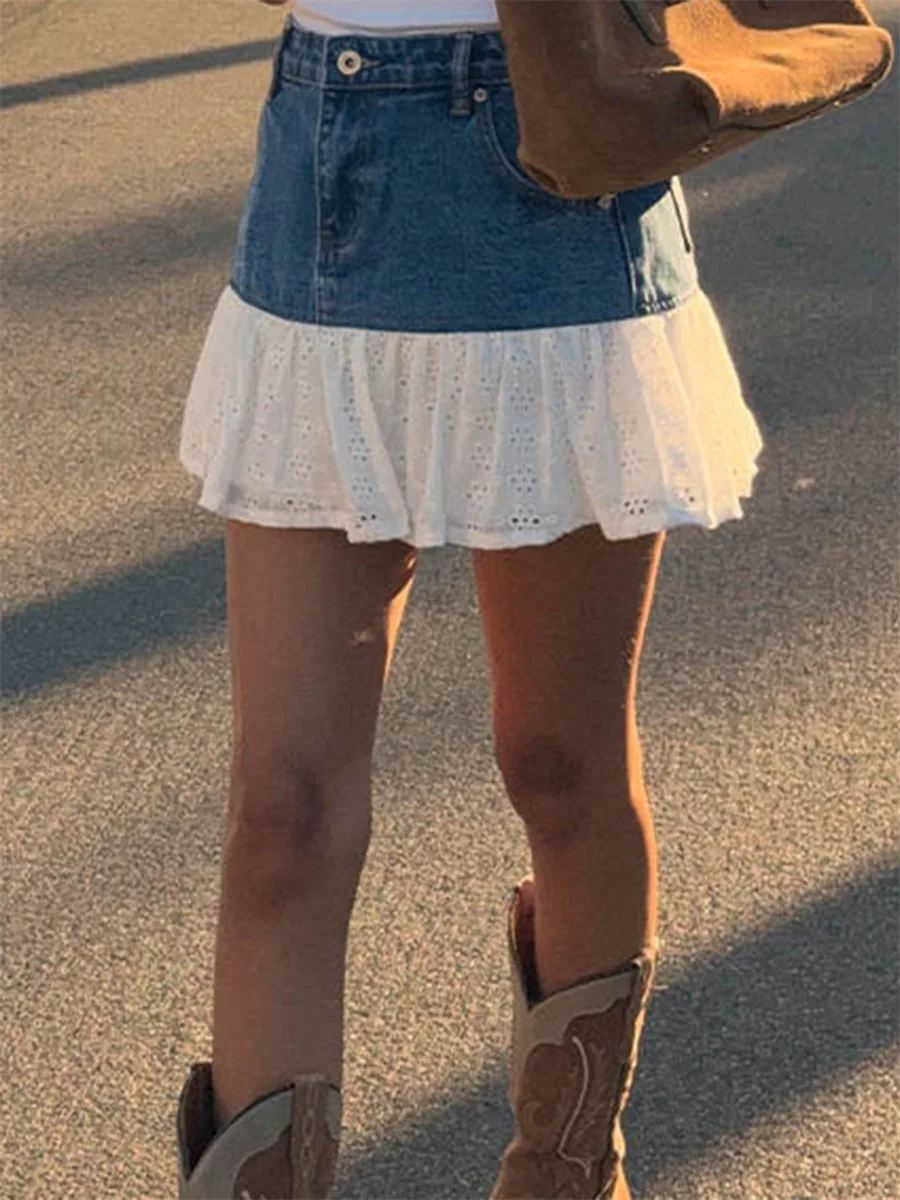 Denim Patchwork Mini Skirt for Women Hollow Lace Ruffle Hem Mid Rise A Line Skirt