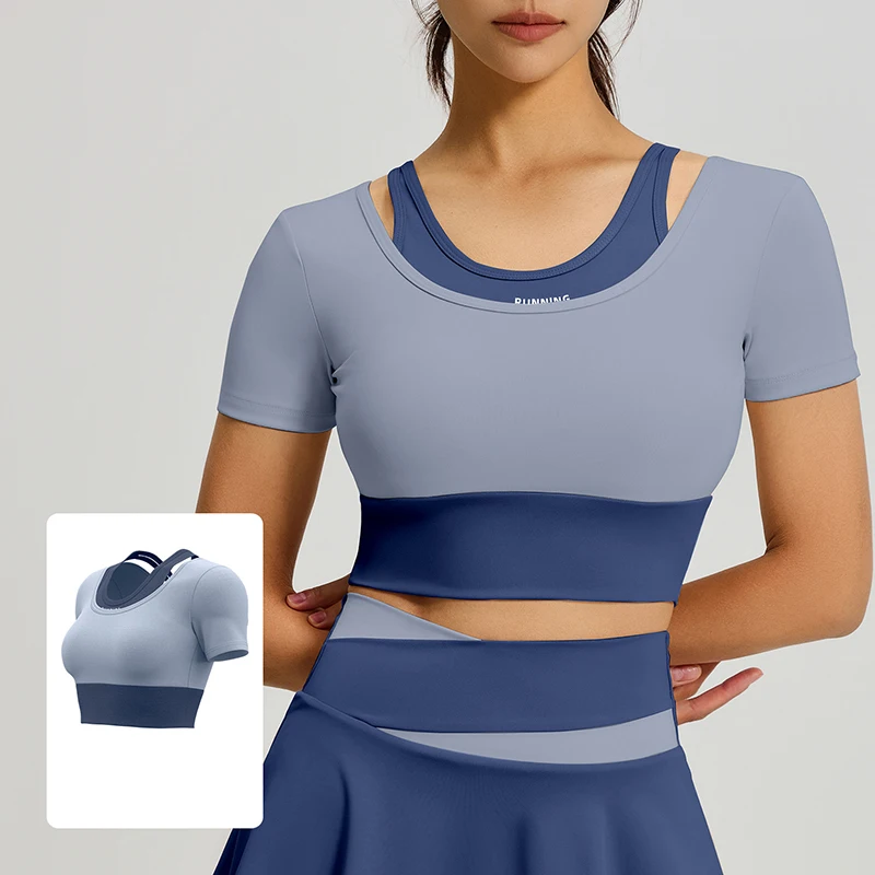 Fashion Patchwork Yoga T Shirt Women Summer Sexy Tight Short Sleeve Crop Top Tight Butter Gym Comprehensive Training Yoga Tees