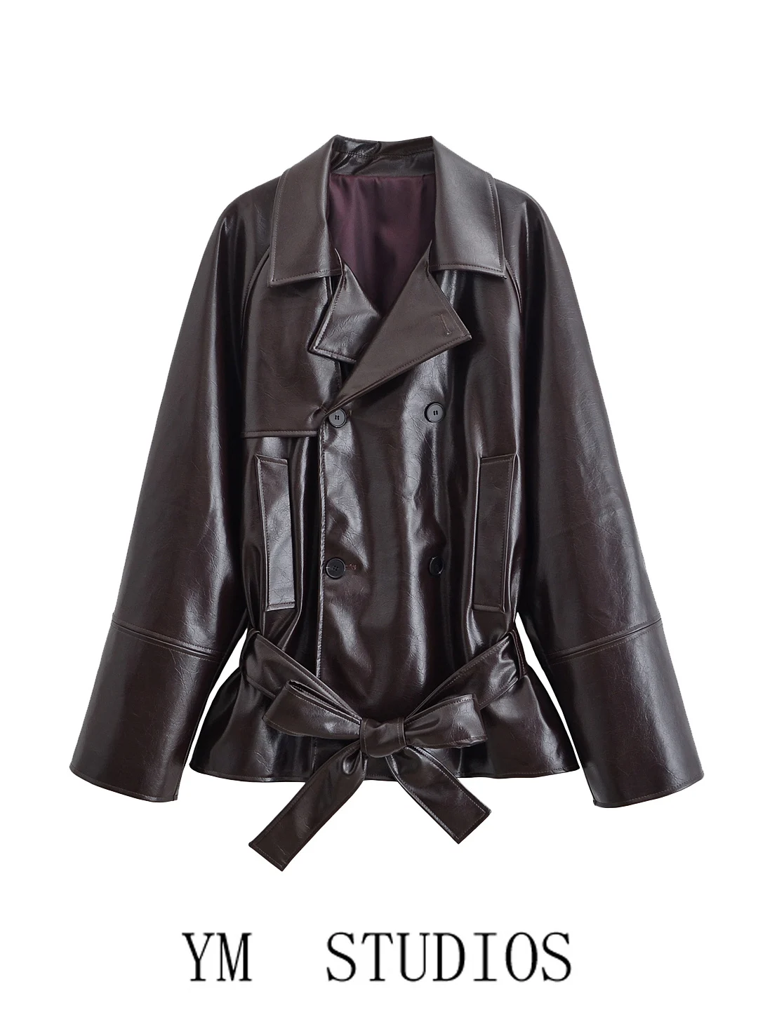 Gola com cinto brilhante com botão de fileira dupla Couro PU Jaet Casaco feminino Faion Casaco de motociclista moderno longo Sve Regula...