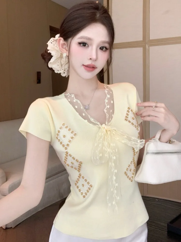 

Sweet Girl Lace Knot Short Sleeve T-Shirt Women's Slim Fit Fashionable Summer New Style Top City Walk Polyester Fiber