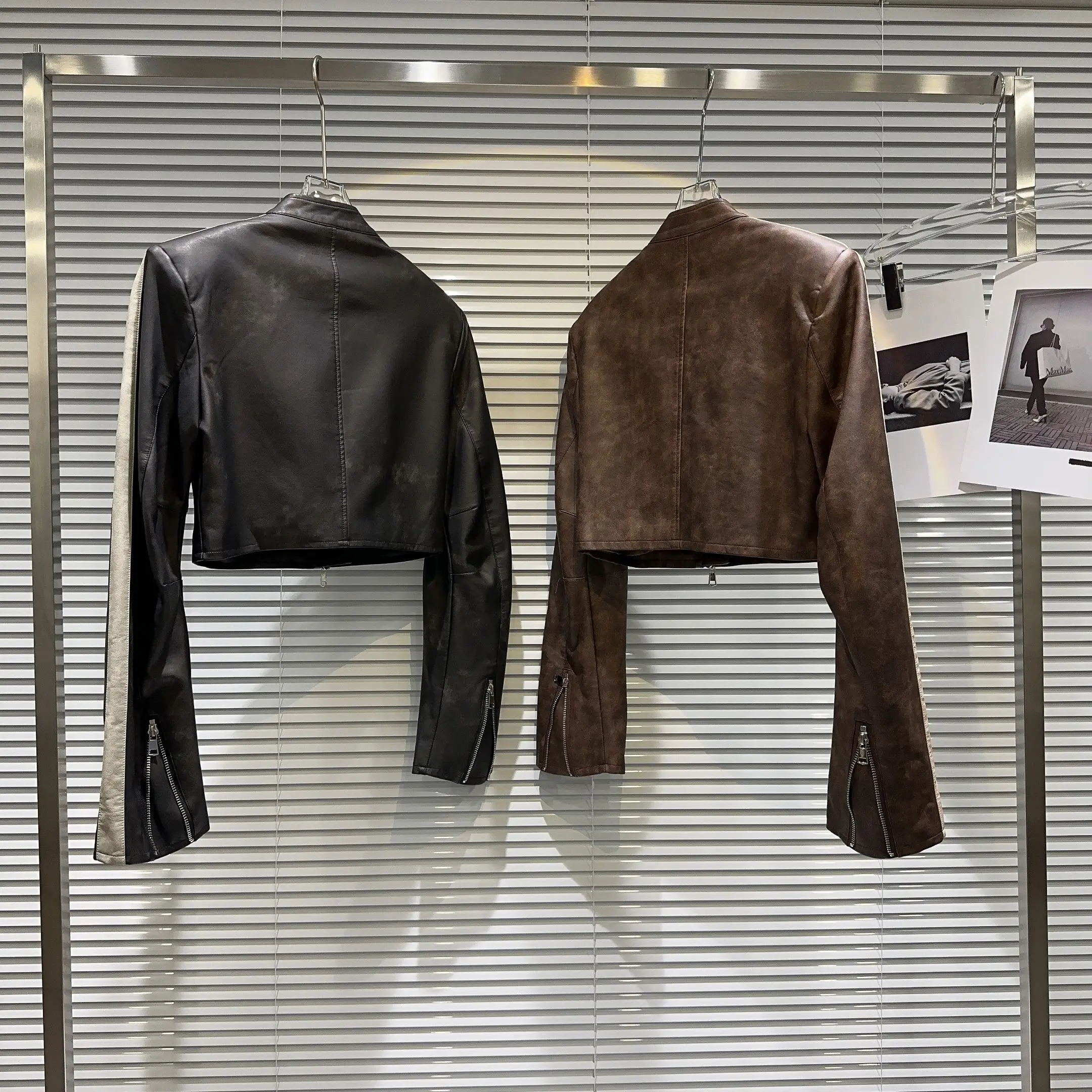 الشارع Sle الجلود Jaet تصميم مزدوج سستة الأصلي الإبداعية الساخنة فتاة ort معطف طويل Sve الوقوف طوق سستة إغلاق