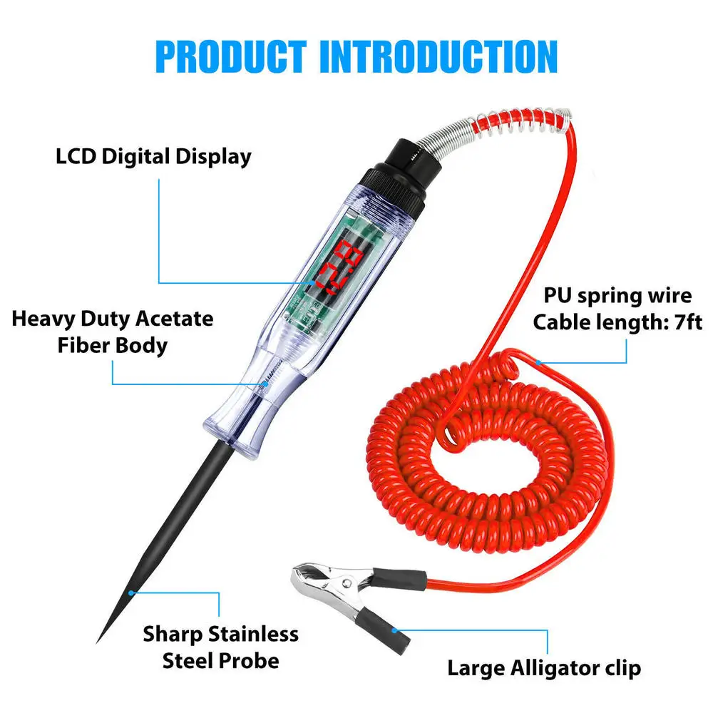 6/12/24V Car Circuit Tester Pen Retractable Spring Wire Digital Electric Circuit Tester Voltage Test Pen Car Diagnostic Tools