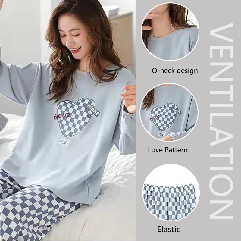 Women Autumn Winter Long-Sleeved Pyjamas Korean Version of the Blue Love Plaid Trousers Homewear Outside School Girl Sleepwear