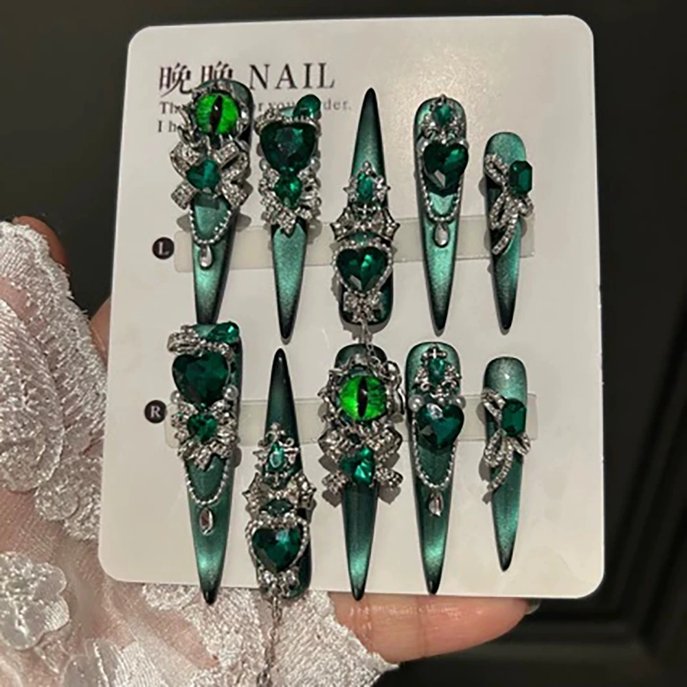 Fashion Handmade Long Coffin Stilettos Reusable Fake Nails Luxury Flash Rhinestone Flower Butterfly Chain Pearl Press On Nails