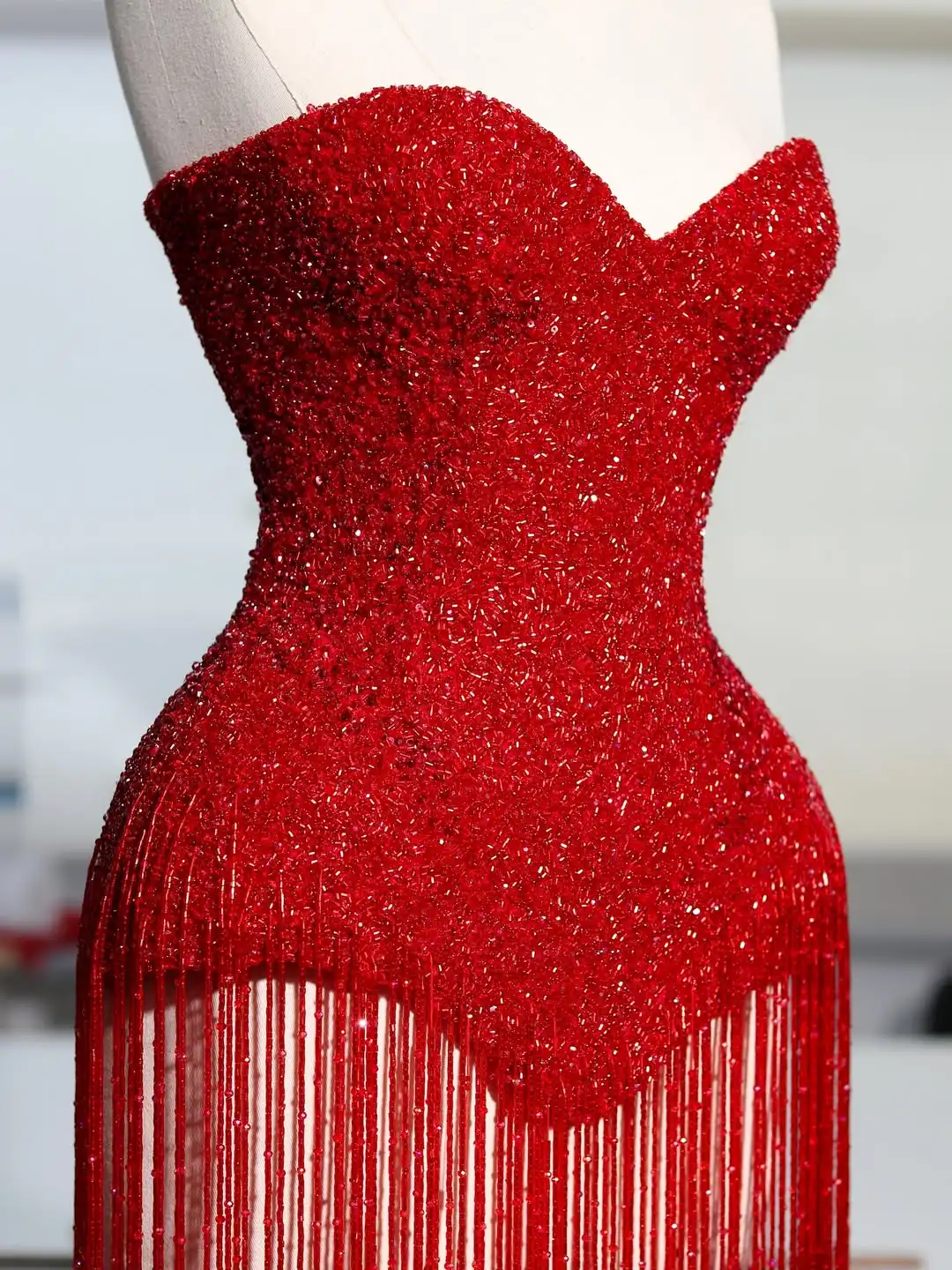 

New Design Sexy Red Sweetheart Beading Tassels Luxury Glittering Sequins Corset Evening Cocktail Prom Party Dress