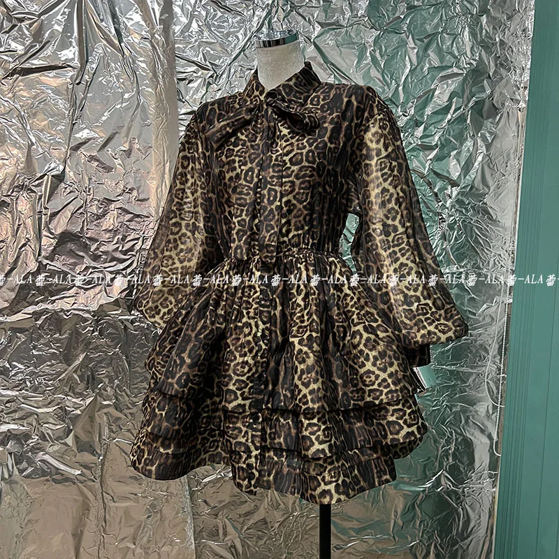 Primavera popolare retrò classico modello leopardo monopetto manica lanterna camicia a strati vestito gonfio Cinched abito corto femminile