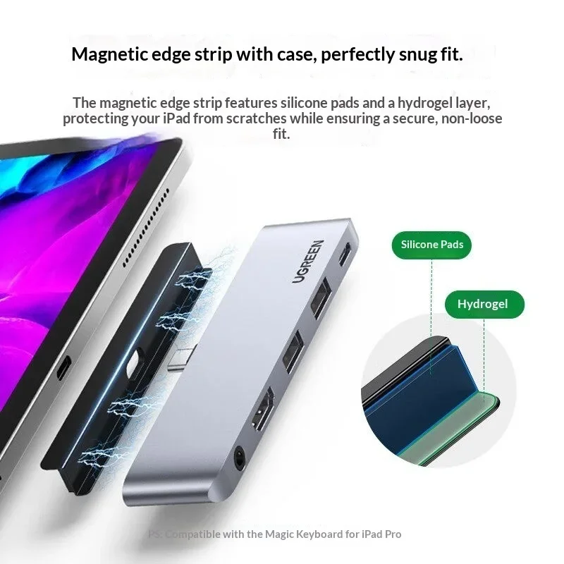 UGREEN 20199 USB-C Hub 5-in-1 CM424 for iPad Pro HDMI 4K 60Hz 2 USB 3.0 Ports 3.5mm Audio PD Charging with Magnetic Strip
