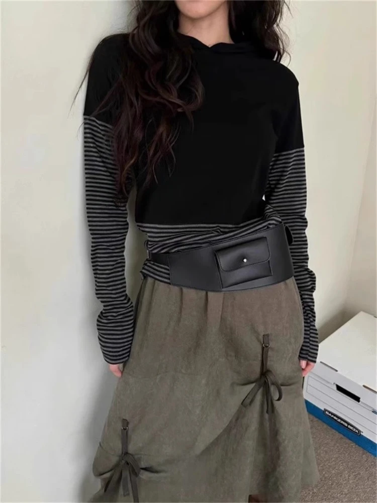 

Street Retro Striped Patchwork Long Sleeve Tee Shirt Casual All-match Hoodie Tops Mujer Y2k Slim Fit T-shirt for Women