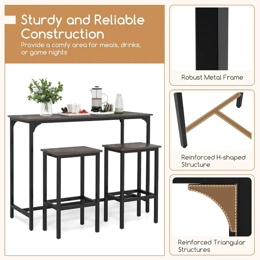 3-Piece Dining Table Set 47.5 Industrial Counter-Height Kitchen Table and 2 Bar Stools High Top Rectangular Pub Table and Chair