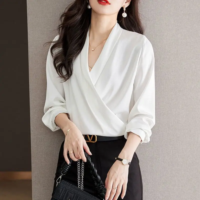 Women High Quality Satin Elegant White Blouse Spring Autumn Fashion Simple Commuter Shirts V Neck Long Sleeve Loose Tops Blusas