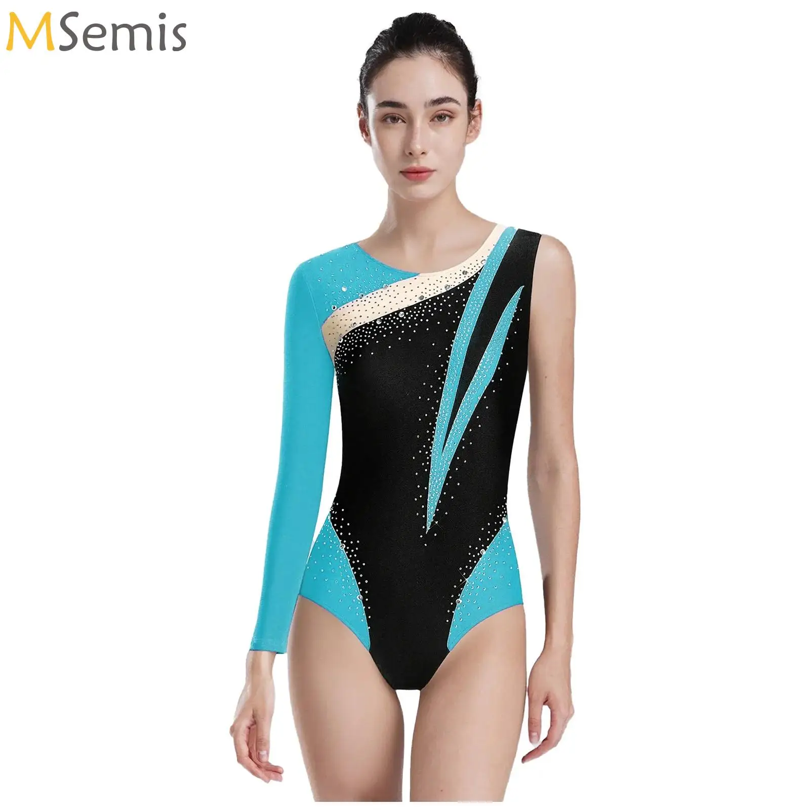 

Womens Gymnastics Glittery Leotard Long Sleeve Color Blocking Asymmetrical Bodysuit Activewear for Figure Skating Ballet Dance