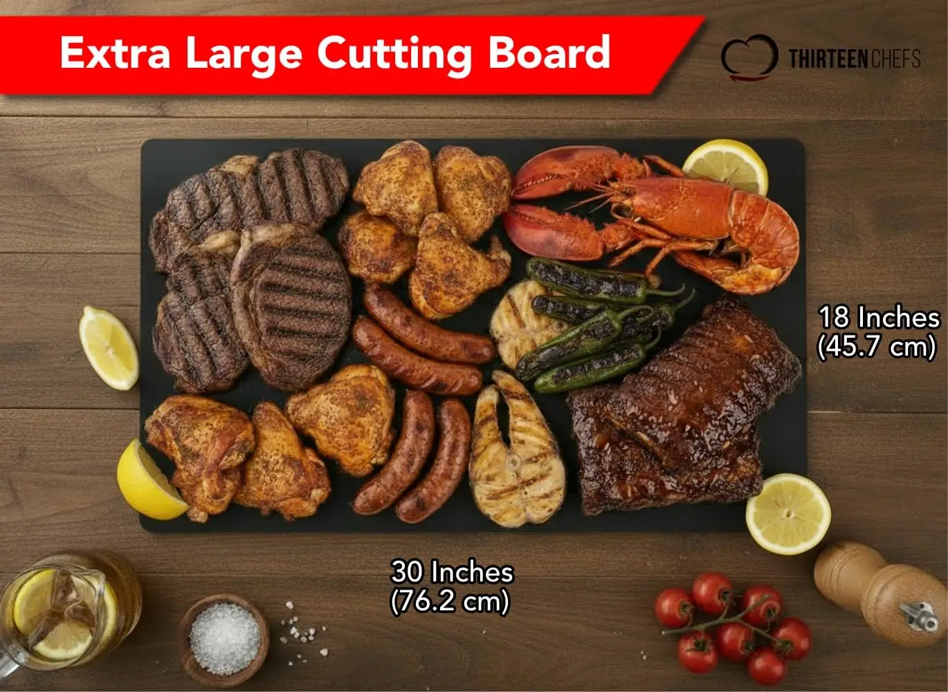 Extra Large 30x18 Cutting Board for Fish, Meat, BBQ - 1/2 Inch Thick Black Plastic, NSF Certified