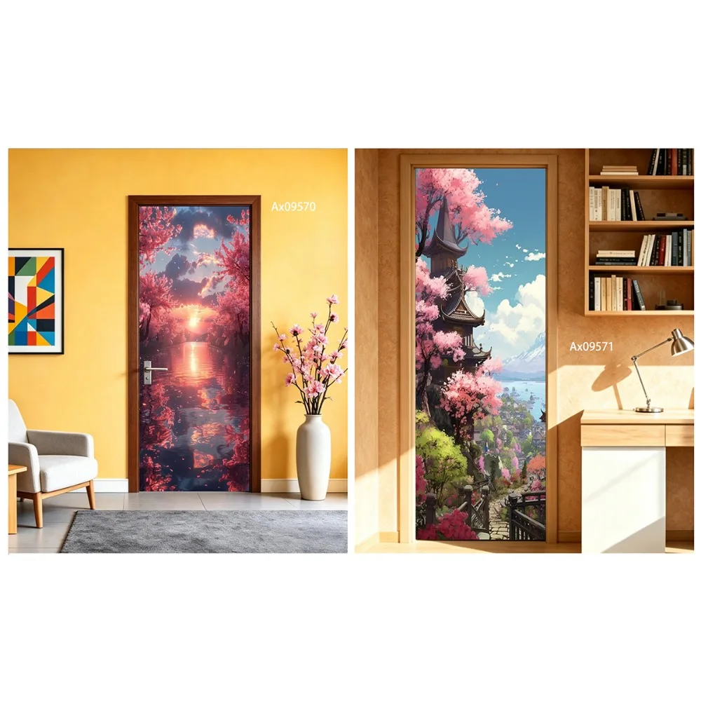 Sakura Landscape Cherry Blossom Garden Door Sticker Full Door Wrap Wallpaper Customize Home Decoration Doors Poster Stickers