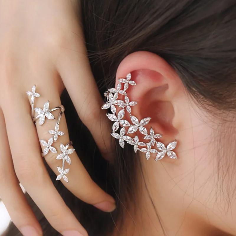 2022 silver needle s295 Sweet temperament versatile Flower Earrings asymmetric micro set zircon flower Earbone clip earrings