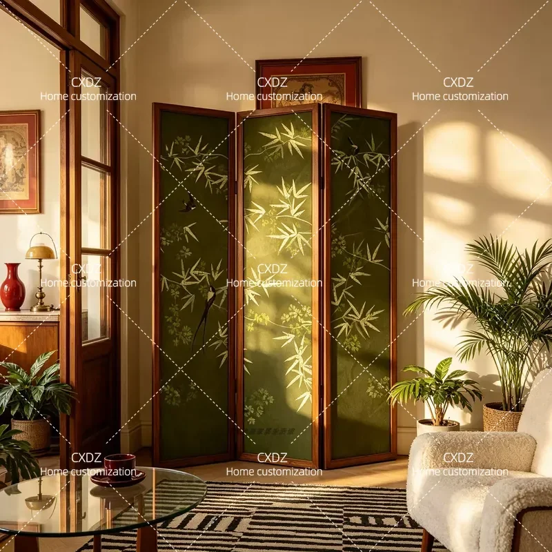 French Retro Flower and Bird Screen Solid Wood Mobile Home Living Room Entrance Tea Room Partition Blocking Decorative