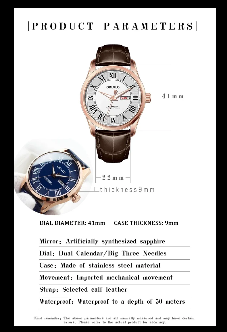 OBLVLO Orologio automatico da uomo 41MM Orologio da polso meccanico Impermeabile Zaffiro Luminoso Doppio calendario Data della settimana