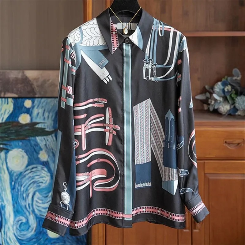 Damenbluse im italienischen Stil mit abstraktem Gürteldruck, elegantes Satin-Langarmhemd mit Umlegekragen, Büro- und Freizeit-Oberteil