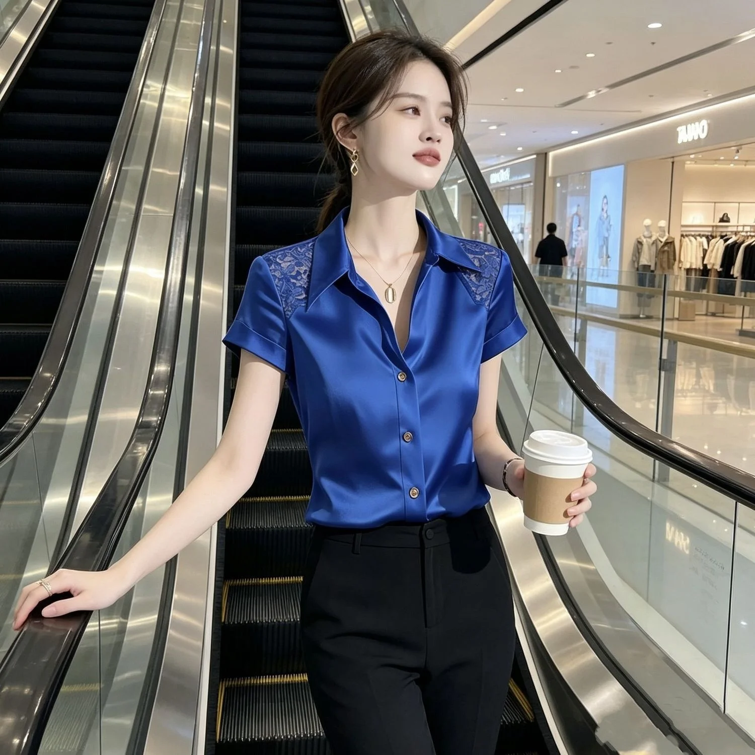

Elegant Lace Patchwork Silk Shirt Women's Summer New Short Sleeve Turn-down Collar Slimming Commute Style Fashion Top