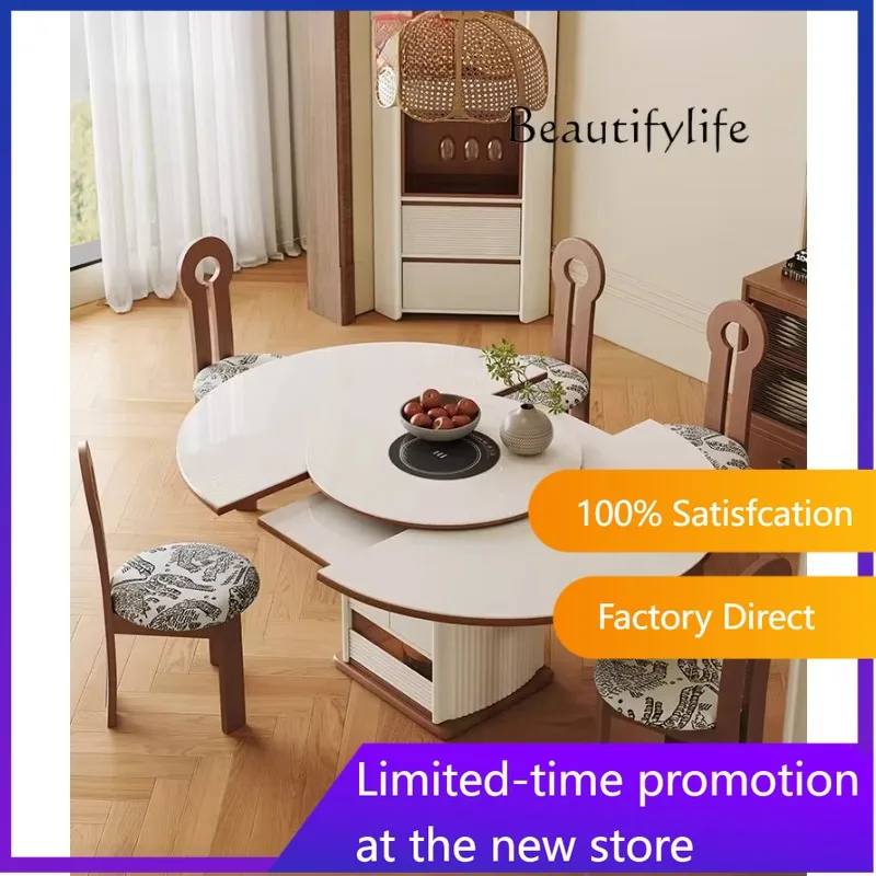 Retractable deformable round table with induction cooker hot pot integrated medium and ancient rock slab dining table