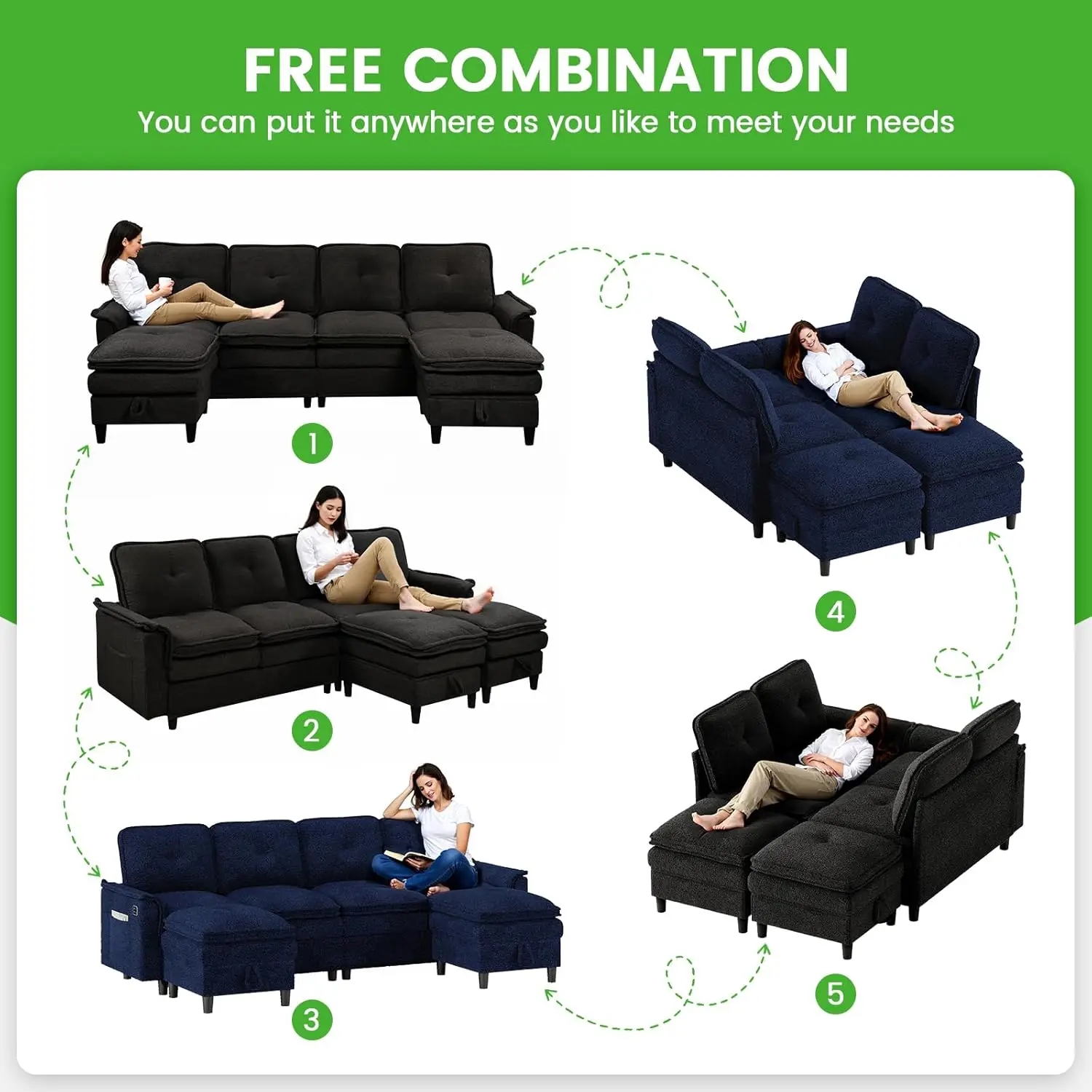 U/L Shaped 4 Seat Sectional Sofa USB Charging LED Storage Ottoman Living Room Office, Customized - view 6