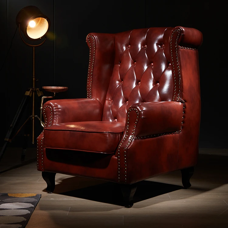 #American Style Wood Frame Upholstered Genuine Leather Armchair Brown Wingback Chair