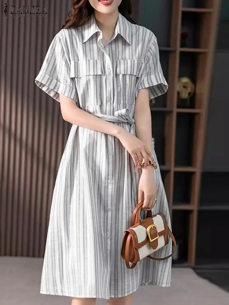 ZANZEA Summer Striped Long Shirt Dress 2024 Women Short Sleeve Sundress Holiday Pocket Lapel Collar Vestidos Casual Midi Dresses