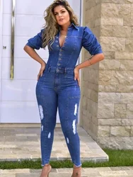 Streetwear Denim Jumpsuit Autumn Clothes Women 2024 Puff Sleeve Turn Down Neck Jean Rompers Playsuits One Pieces Overalls Outfit