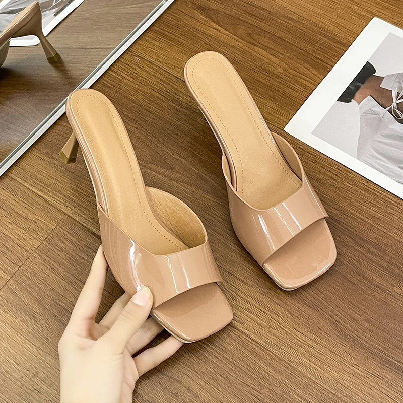 2024 Summer New Women\'s Large Slippers Solid Leather Square Head Open Toe High Heel Versatile Comfortable Sandals for Women