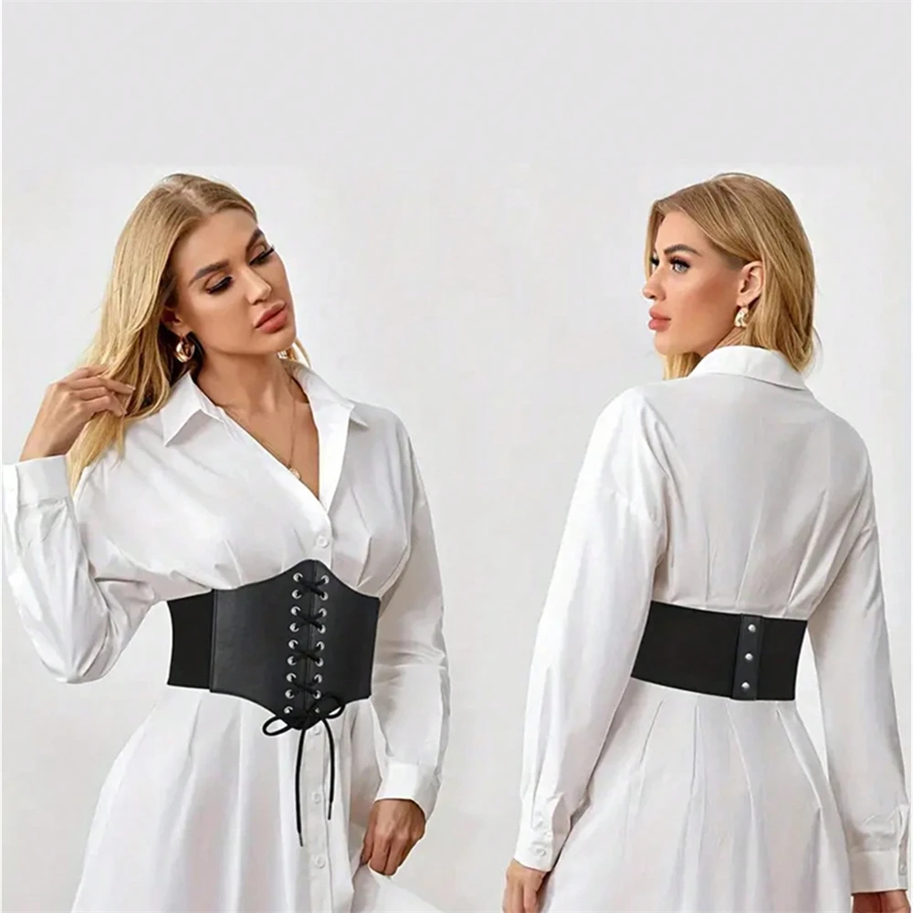 1pc Women Adjustable Wide Belt PU Leather Underbust Corset Crop Top Vest Waist Belt Double Buckle Cincher