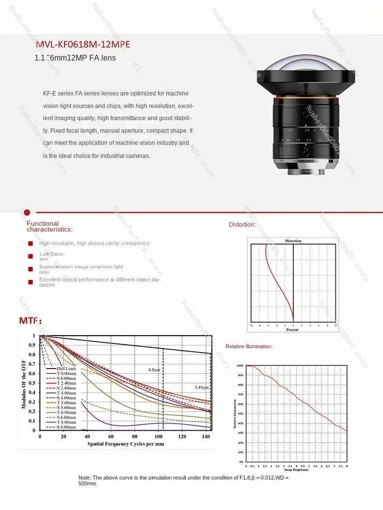 Industrial lens MVL-KF0618M-12MPE focal length 6MM visual inspection 12 million pixels, industrial lens