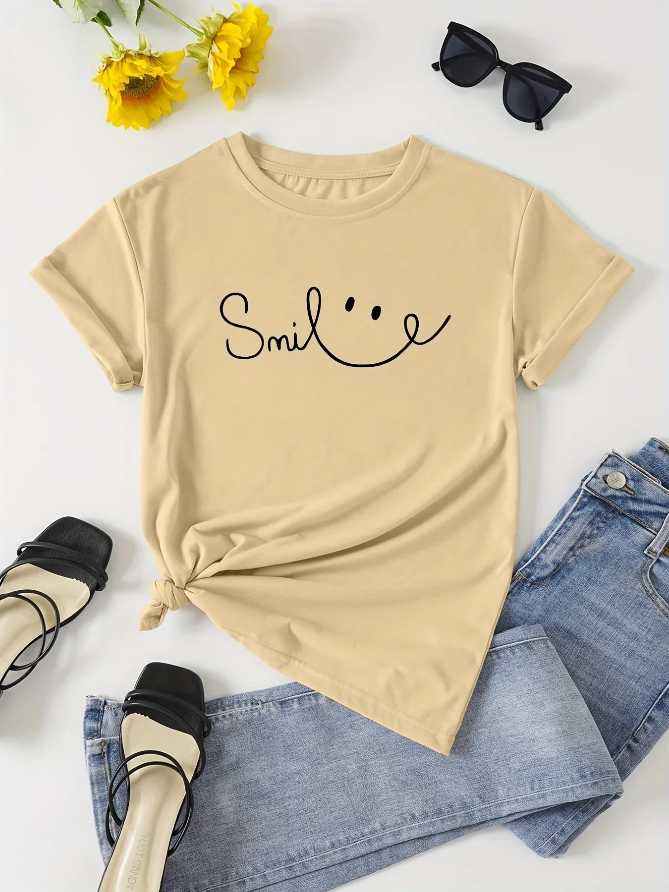 تي شيرت برقبة دائرية مطبوع عليه حروف كاجوال بأكمام قصيرة لملابس الربيع والصيف النسائية