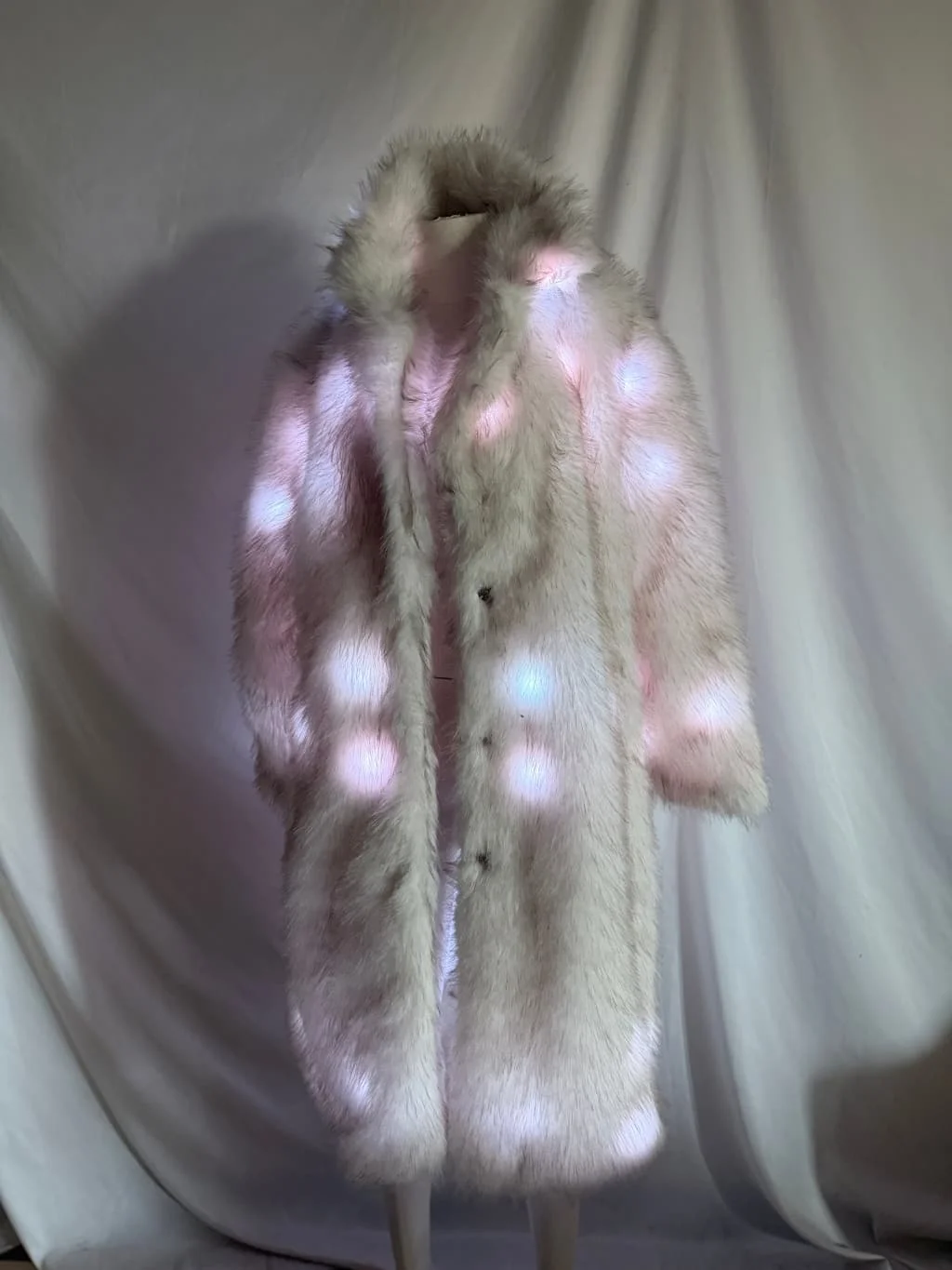 Long LED Fur Coat Women, Multicolor Light Up Shaggy Faux Fur Jacket, RGB Glow Festival Outerwear with Remote Control