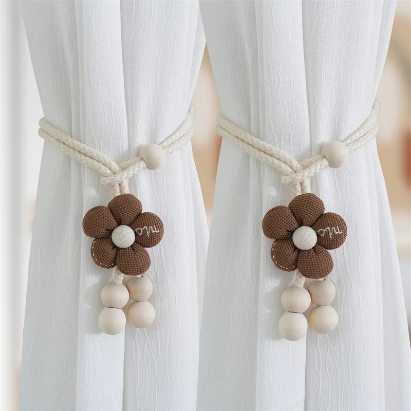 10pcs Ins Flower Curtain Tiebacks Buckle Adjustable Curtains Tieback Straps Wood Beads Rope Tassels Hanging Home Decor Curtain
