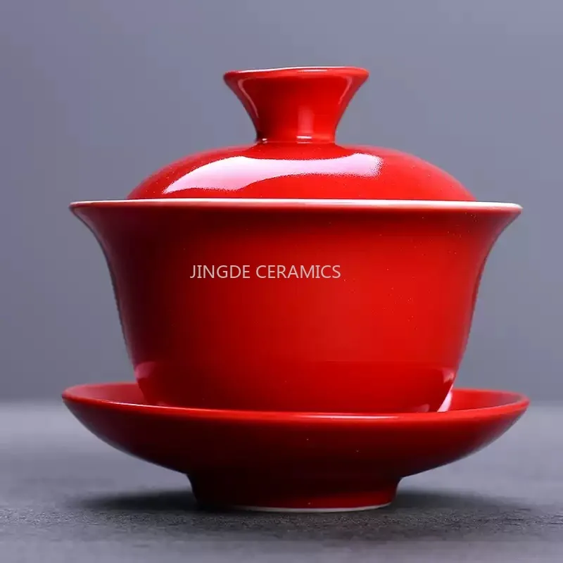 150ml Red Ceramic Gaiwan Chinese Wedding Tea Set Handmade Porcelain Teacup Home Beauty Tea Infuser Portable Tea Cup with Lid