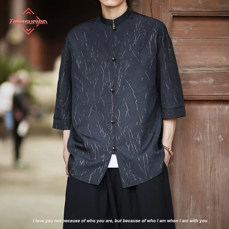 

Chinese Style Shirts for Man Summer New 2025 Bronzing Fold Design Mens Shirts Hanfu Short Sleeved Shirts for Man Free Shiping