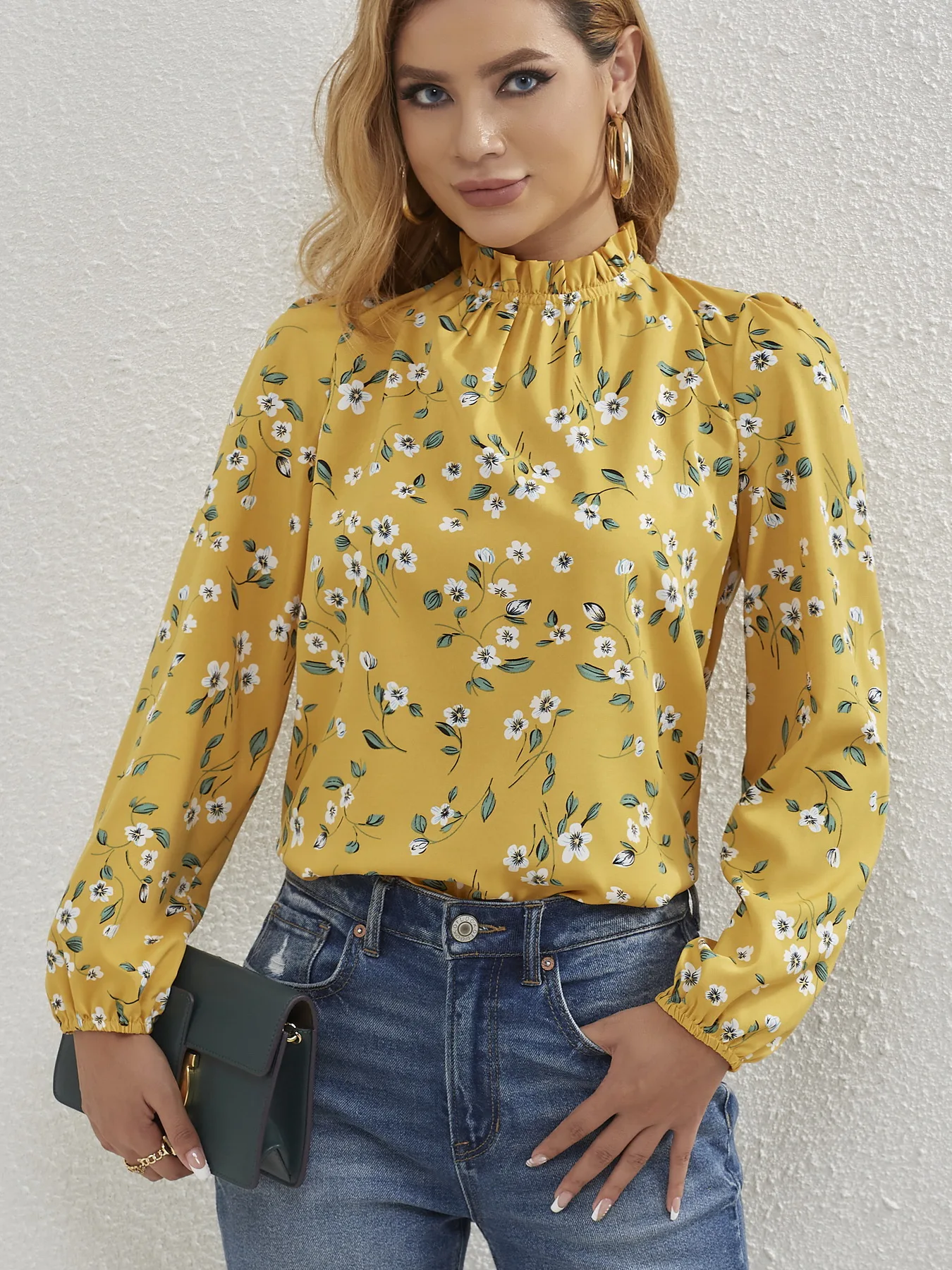 Women All Over Floral Print Frill Mock Neck Bishop Sleeve Blouse Ladies Long Sleeve Tops Shirts