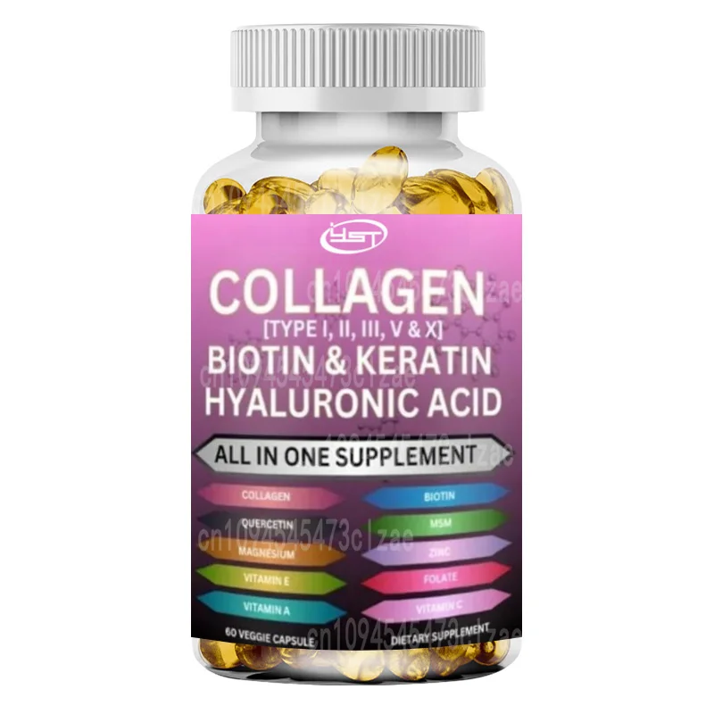 Collagen Pill Peptides I, II, III, V, and X Keratin Hyaluronic Acid MSM Vitamin Zinc Magnesium Grape Seed Extract Quercetin