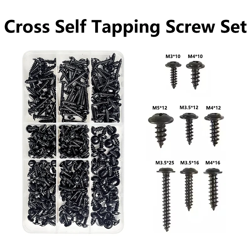 340pcs/Box Cross black Flat Head Carbon Steel Self-Tapping Screw M3 M3.5 M4 M5