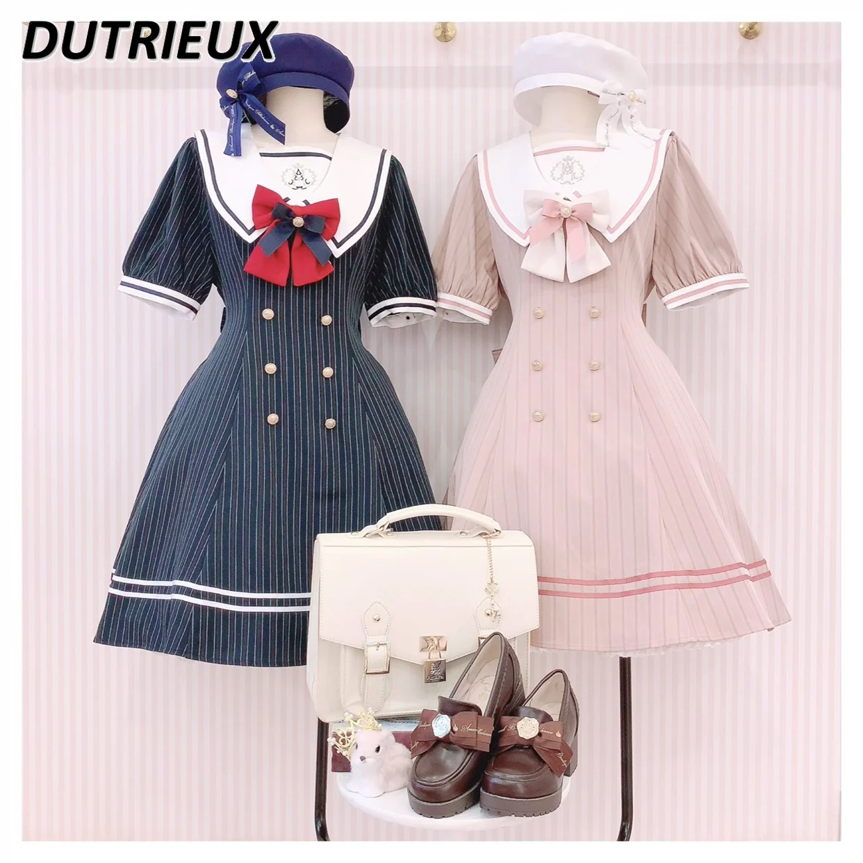 Naval Preppy Style Vertical Stripes Sweet Bow Dress Female 2024 Summer New Short Sleeve Midi Dress Lolita Cute Student Dresses