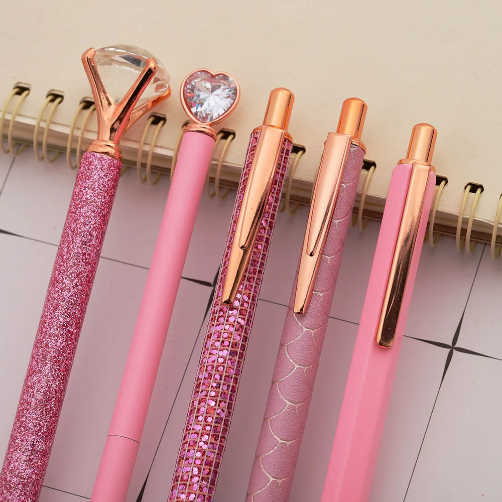 Lytwtw's Cute Pink Press Rhinestone Rotate Ballpoint Pen Luxury Kawaii Metal Stationery School Office Supplies 5 Pieces