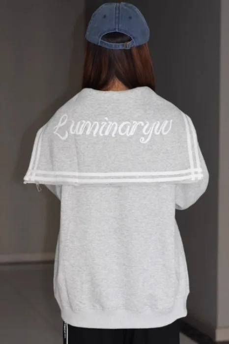 2025 Spring and Autumn New Japanese Style Sweet Navy Collar Long Sleeve Women's Hoodie Gray English Print Design Loose Top