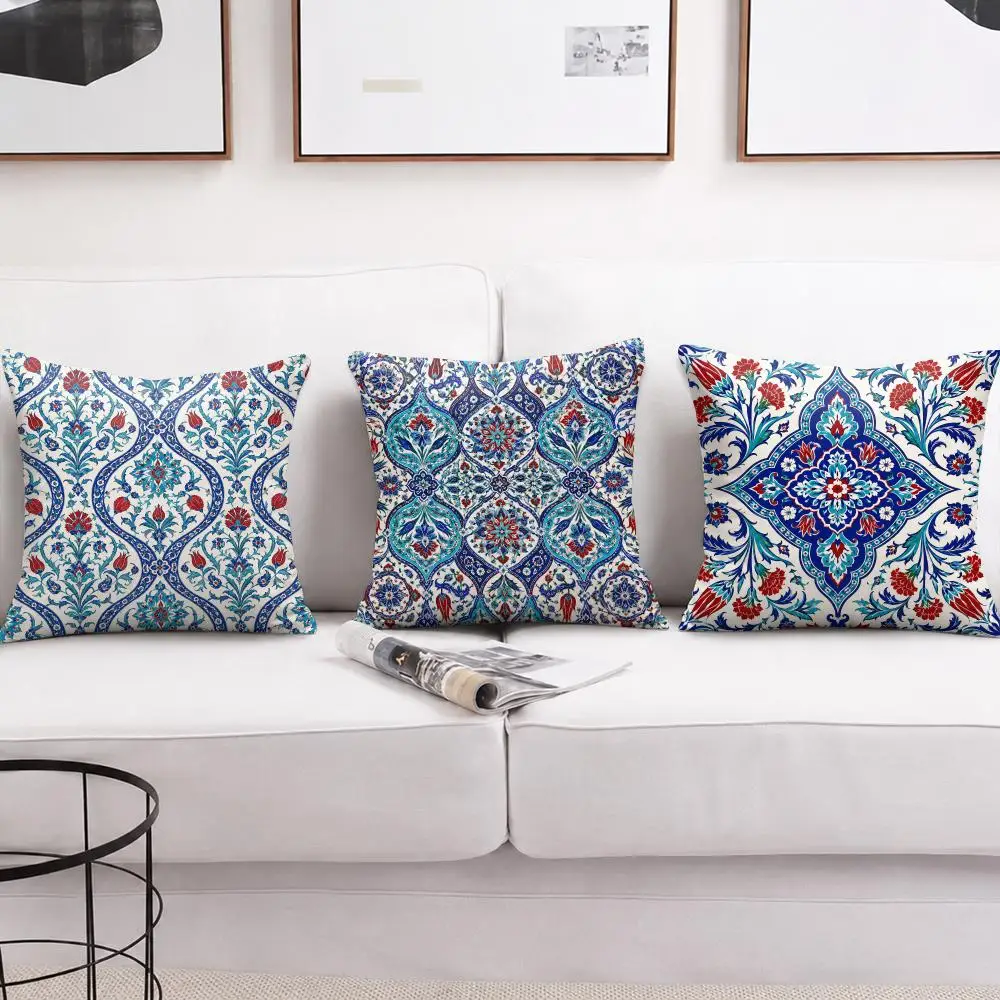Blue Red Ottoman Pattern Style Cushion Cover Soft Short Plush Pillow Cases Hidden Zipper Cutecore Sofa Bedroom Home Decor Gift