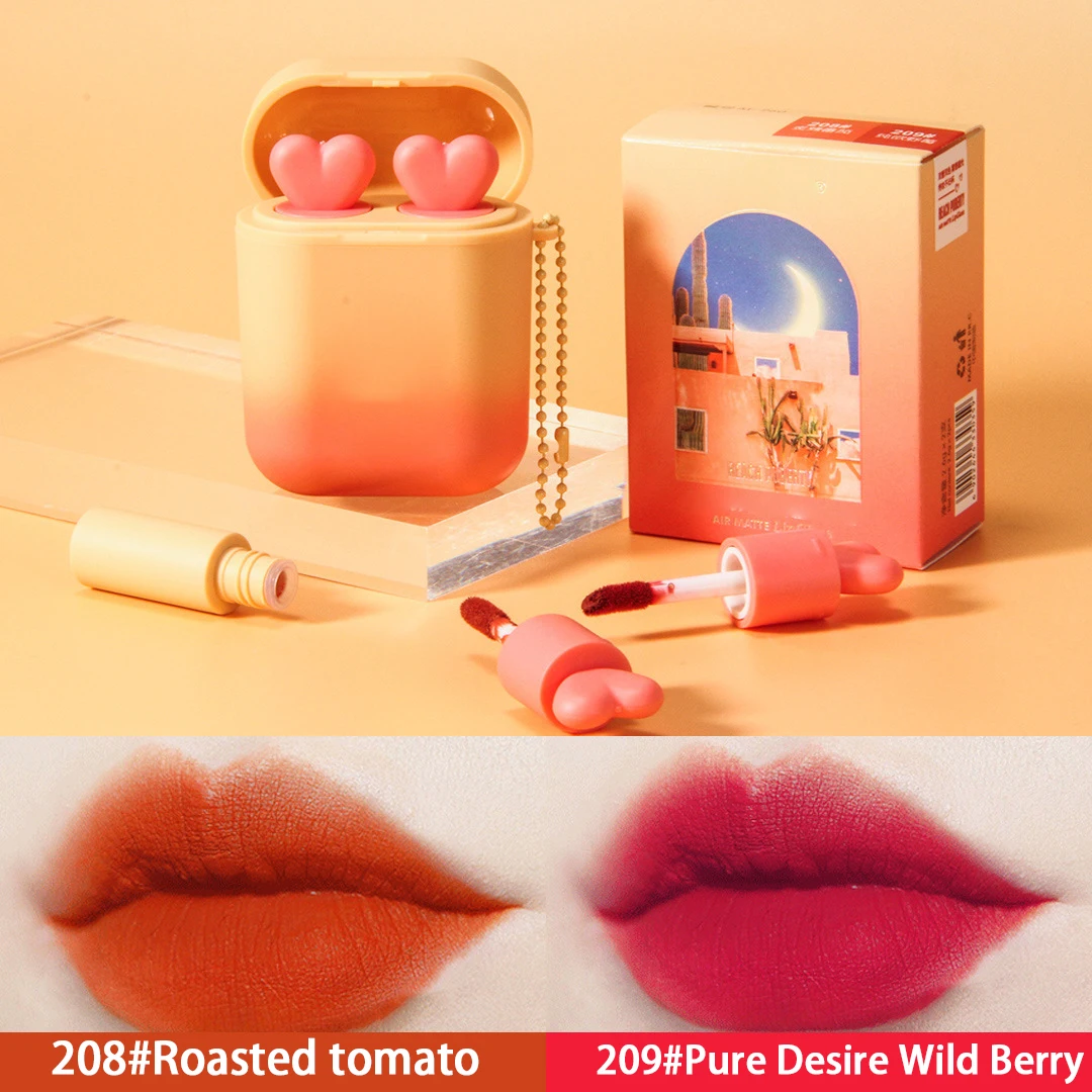 Double tube earphone lipstick matte lip glaze 2pcs box tomato caramel color