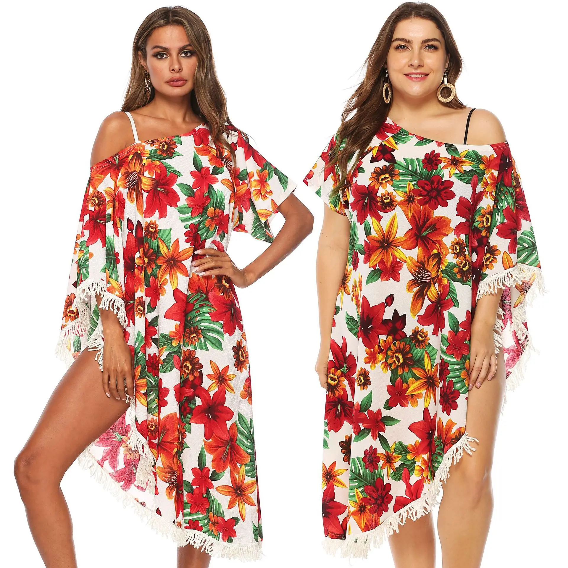 Vestido de verano de talla 2021 para mujer, bikini de playa con estampado botánico y flecos irregulares en los hombros