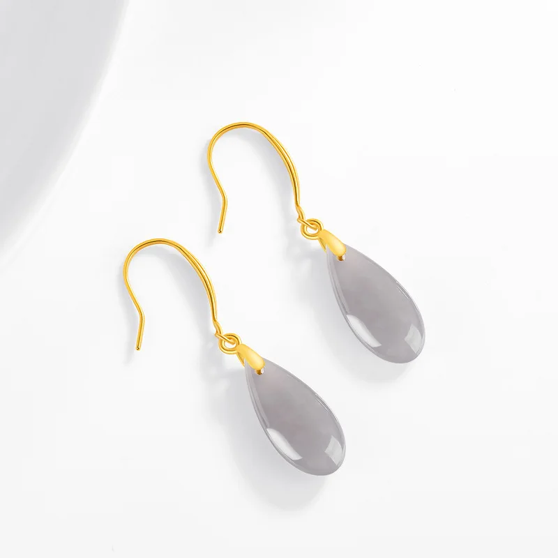 Natural Hetian Smoky Purple Drop S925 Silver Inlaid With Jade Elegant Women'S Earrings