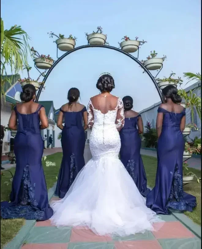 Robes de mariée sirène africaines personnalisées, grande taille, manches longues, avec des Appliques en dentelle et des perles de cristal, dos creux