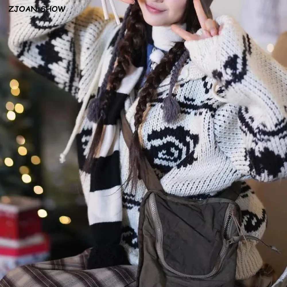 سترة هاراجوكو النسائية الشتوية لعام 2025 بأكمام طويلة منقوشة هندسية مع سحاب محبوك مترهل مع قلنسوة سترة طوطم فضفاضة باللون الأسود المشمش