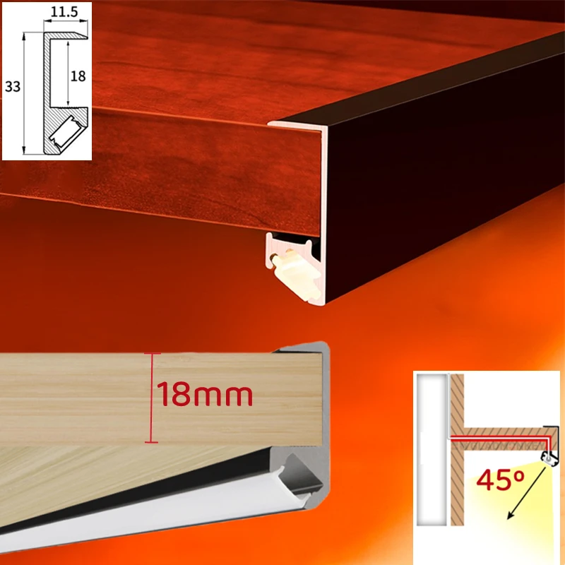 Encaixado led armário prateleira luz tala camada borda alumínio perfil 18mm placa de madeira backlight invisível braçadeira barra luzes tira