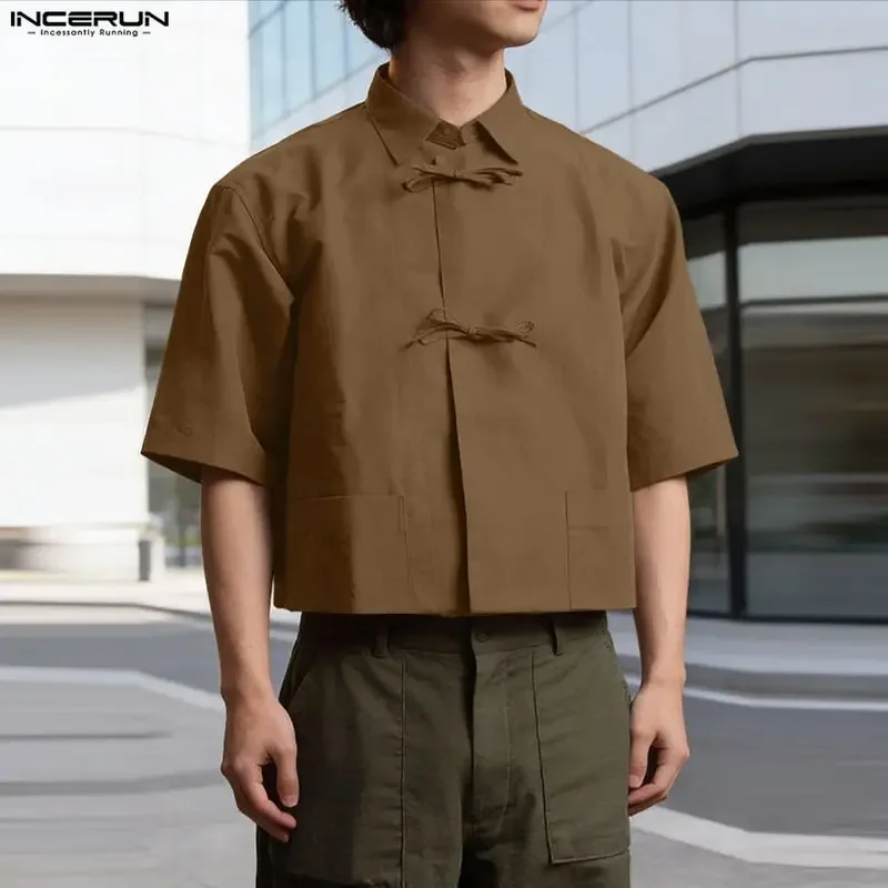 

INCERUN Men's Shirt Solid Color Lapel Short Sleeve Casual Crop Tops Shirts For Man Streetwear Fashion Camisa Masculina Summer