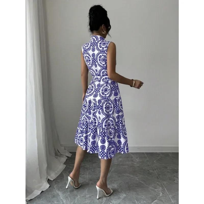 Women's Fashion Collar Waist Strap Tank Dress Ladies Casual Floral Printed Comfortable Sleeveless Party Dress